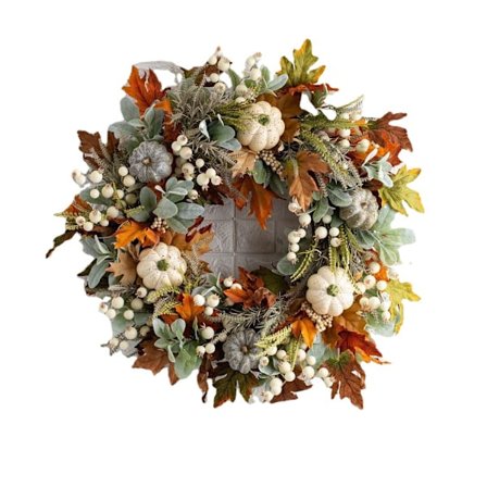 Efterårs krans, vægdekoration, hvide græskar og bær 40cm