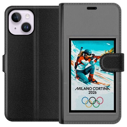 Kompatibelt Lommeboketui til Apple iPhone 14 Plus Retroplakat Cortina Milano 2026 med fjell, vintersportsutøvere, italienske trikolor, Milano-katedral