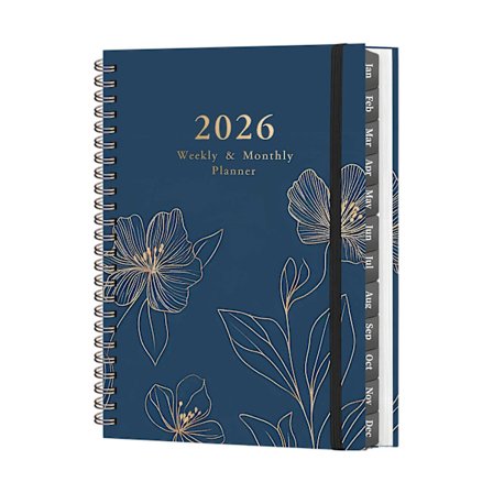 2026 Planner - A5 Ugentlig og Månedlig Planner, 2026 Kalender Planner, med 12-måneders faner og indvendig lomme (Blå)