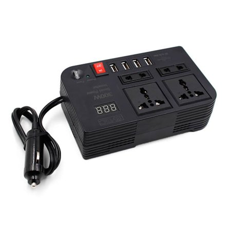 300W auton invertteri DC 12V:sta AC 220V:n tehomuuntimeen, jakaja 4 USB-pikalatauksella