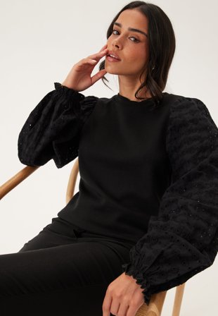 Happy Holly Broderie Anglaise Sleeve Top Black 40/42