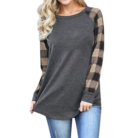 Dam T-shirt Rundhalsad Långärmad Splicing Rutig Casual Topp,