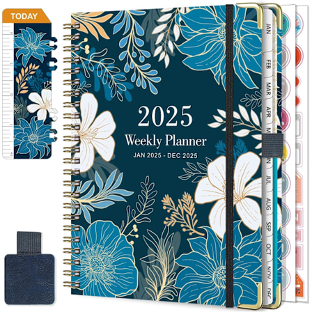 2025 Dagbok Uke Spiral Januar til Desember 2025 (12 måneder) A5 Skole Dagbok Med Penneholder (Blå og Hvit)