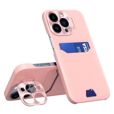 iPhone 14 Pro Max -kuori korttipidikkeellä, linssikehyksellä ja tuella - vaaleanpunainen