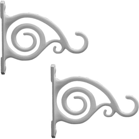 Fantasifullt böjd krok, set om 2, vit, gjutjärnsväggkrokar för fågelmatare, krukor, lyktor, vindspel, som väggfästen och M