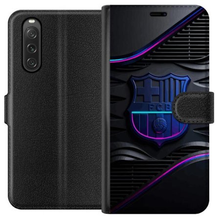 Yhteensopiva Lompakkokotelo Sony Xperia 10 V FC Barcelonan seuraemblemii neon sinistä ja vaaleanpunaista futuristisella metallisella suunnittelulla