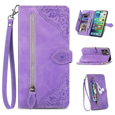 Etui til iPhone 14 Plus Lilla lynlåspung med kortholder flip