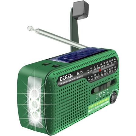DE13 Vinklet FM AM SW Solmottaker med Sterkt Lys Lommelykt/SOS Alarm/Oppladbar Mobiltelefon for Nødstilfeller og Utendørsaktiviteter (Grønn)