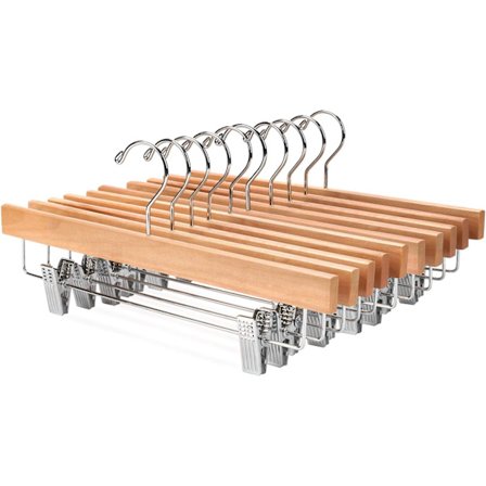 Deluxe buksebøjler i træ, bundbøjle, jeansbøjle, nederdelsbøjle med 2 justerbare clips, rustfri krog, pakke med 10 (Natur)