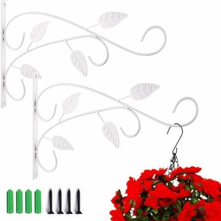 2-pack väggmonterade växtkrokar med skruvfäste Växtkrokar Lykta Fågelholk Metall Trädgårdskorg för balkongträdgårdsdekoration (4 blad-vit)