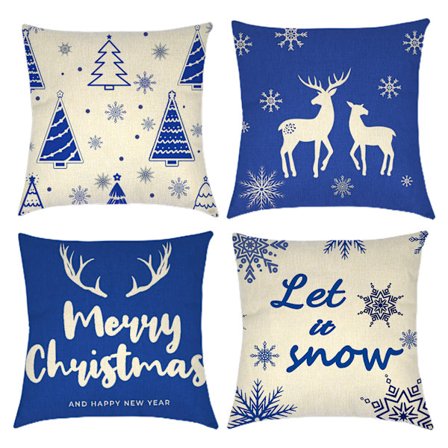 Blå Jul Kuddfodral 18×18 Set om 4, Vinter Snöflinga Älg Träd Jul