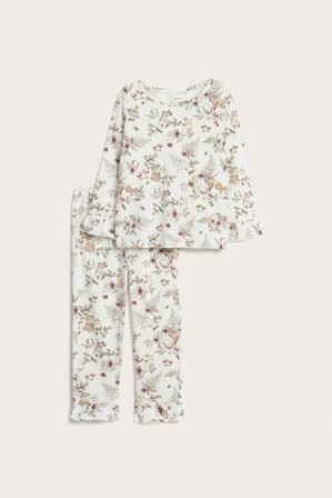 Newbie | Piżama w kwiatki, z falbanami | Offwhite