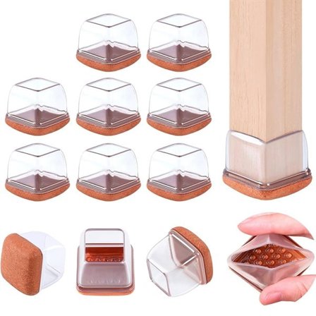 Firkantede stolbeinbeskyttere 19-25 mm / møbelunderlag i silikon med filt / gulvbeskyttere for stoler og bord 8-pk - Clear