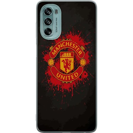 Kompatibelt Mobildeksel til Motorola Motorola Moto G62 5G Manchester United logo i rød og gul farge med røff sportslig bakgrunn