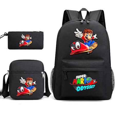 3 stk./sæt Super Mario Odyssey Anime Skoletaske Nylon Sort Rygsæk Skole Taske Penalhus