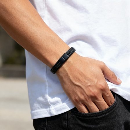Zwarte Roestvrijstalen & Kunstleren Gevlochten Armband voor mannen - Leren armbanden