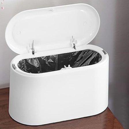 Vit, liten bordspapperskorg med tryckknappslock Vit skrivbordspapperskorg Mini plastbordspapperskorg Bärbar köksbordspapperskorg för dressing