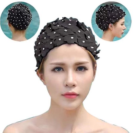 Vintage Blomster Badehette Kvinner Stilig Svømmehette Dusjhette Nylon Spandex Blomster Badehette, Svart