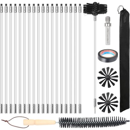 24 kpl:n savupiipun puhdistusharjasetti nylonvarrella + harjaspäällä + pitkällä puisella harjalla + säilytyspussilla, kanavien puhdistus, 