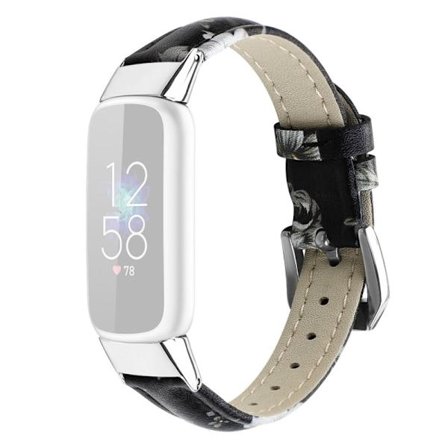 Fitbit Luxe klockarmband i äkta läder - Svart / Grå Blomma / Storlek: L