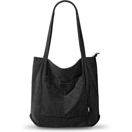 Cordfløyel Tote Bag med Glidelås Vanntett Cord Tote Bag med Lommer Romslige Skuldervesker Håndvesker