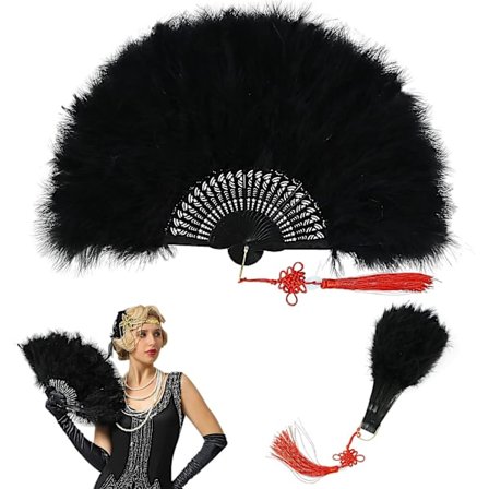 (Sort) 1920'ernes Marabou fjer vifte, sammenklappelig lommefjer vifte til kostume, vintage bryllup Gatsby festdansevifte