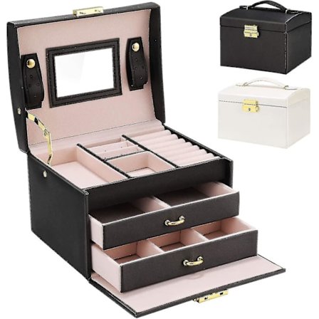 Bedste Sælger Smykkeskrin, Gifort Smykkeskrin Urskrin Makeupboks Med 2 Skuffer 3 Lag Låsbar Smykkekiste Med Spejl, Til Halskæder, Ringe,