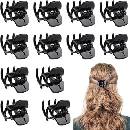 Sorte hårklemmer, 12 stk. mellemstore 3,3 cm plastikklemmer