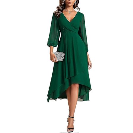 Chiffon Forår V-hals Lange Ærmer Plisseret A-Linje Midi Længde Bryllupsgæst Kjole til Kvinder