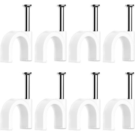 Kabelklemmer, 100 stk, hvit (8 mm), veggbånd, kabelbånd, med stålstift for å feste kabler