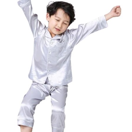 Pysjamas Langermet Sett for Barn, Silkepysjamas med Knapper Sølv{BT)
