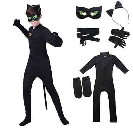 Kids Black Cat Costume Boys Cosplay Noel Bodysuit med maske, øre, hale -