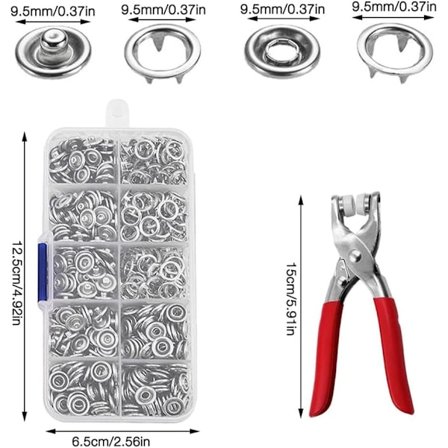 Trykknap, 150 sæt metal trykknapper, metalknapper, 9,5 mm metal trykknapper, trykknapper med tang, til DIY-værktøj sytilbehør