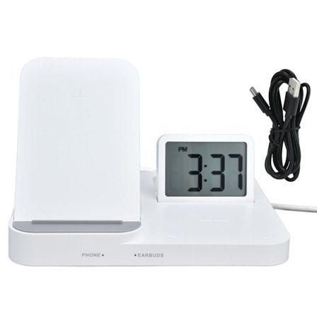 3 i 1 LCD Digital Vekkerklokke Trådløs Lader USB-drevet for Hjemmekontor Hvit