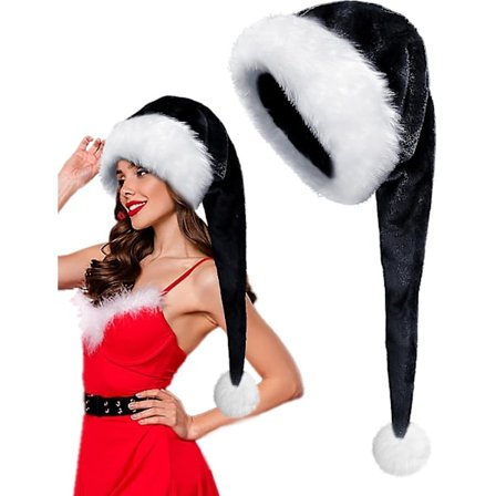 Julehatt i Svart Santa, Lang, Voksen Deluxe Svart og Hvit Julehatt for Svart Juletema Nyttårsfestlig Feriefestutstyr