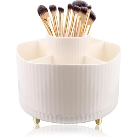Roterende Sminkearrangør, 360° Roterende Penneholder Sminkekost Oppbevaring 5 Rom Sminkekoster Arrangør - Hvit
