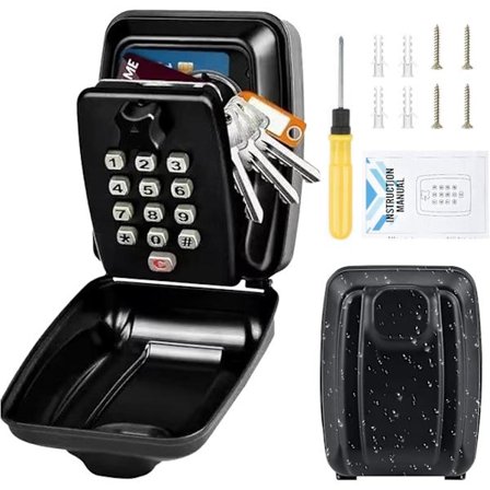 Udendørs Sikker Nøgleboks Stor Nøgleboks med 12-cifret Kode Vandtæt Metal Nøgleboks Sort Vægmonteret Nøgleboks Nøgleopbevaringsboks til Hjem, Garager,