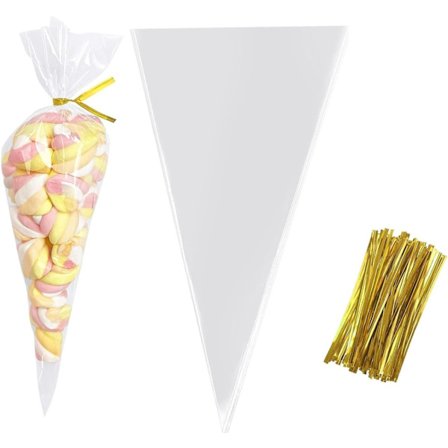 Godteposer - 100 kjegleformede poser - Gaveposer med 100 strips - Gjennomsiktige poser for sjokolade, søtsaker, kjeks (13 x 25 cm)