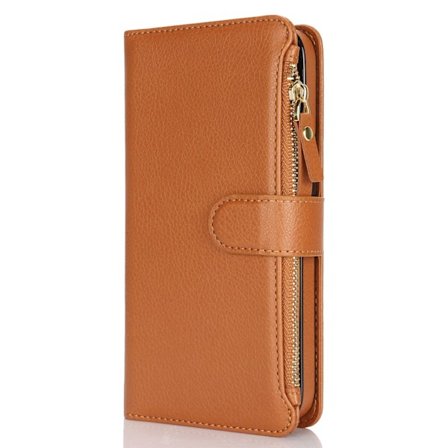 Fodral för iPhone15pro brun multifunktionell solid dragkedja handledsväska plånbok multi kort läder