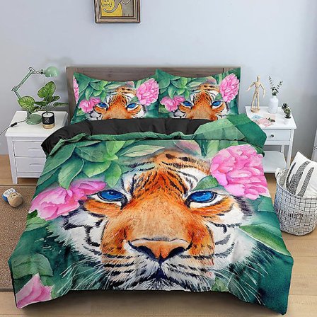 Tiger Flowers King Queen -pussilakanasetti, eläinaiheinen kukkakuviointi lapsille, teineille ja aikuisille, viidakko, vihreät kasvit, villieläimet, 