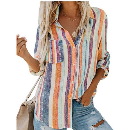 Dame Button Down Skjorter Bohemian Trykt Stribet Langærmet V-hals Tunika