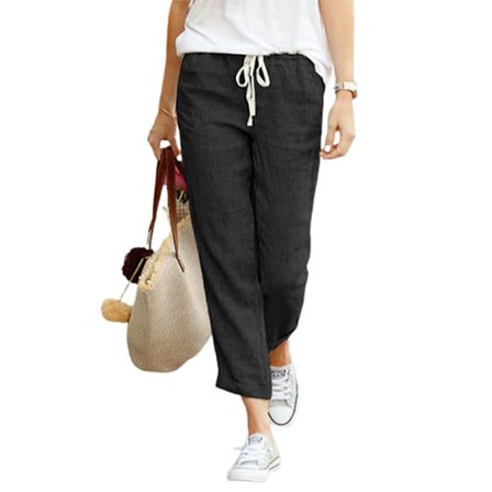 Kvinnors enfärgade lösa Casual Dragsko Elastiska midja byxor black