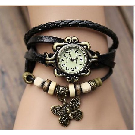 Vintage sommerfugl armbåndsur læder mode dame kvartsur(sort)