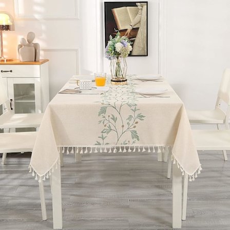 Rektangulær dug i bomuld og hør, støvtæt, vaskbar beige dug med kvaster (140x220 cm)