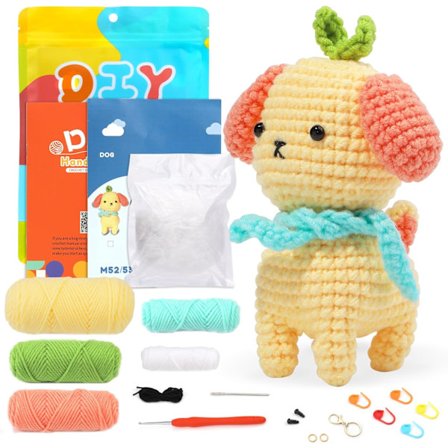 Hæklesæt til begyndere voksne med gul hvalp, hæklegarn, opbevaringspose, hæklet nøglering, trin-for-trin instruktionsvideo