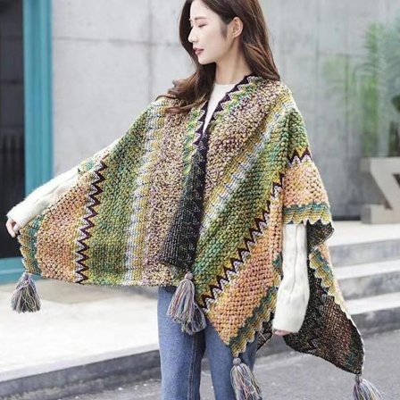 Mongolisk Poncho Cardigan Tofs Sjal GRÖN