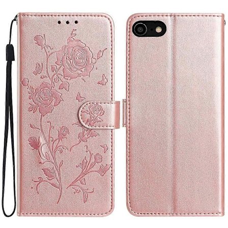 Wallet Case til iPhone SE// 8/ 7/ 6/ 6s Rosemønster Præget Læder Flip Stand Telefon Cover