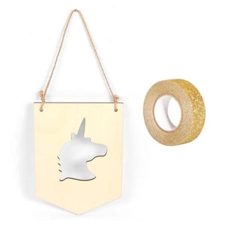 Puinen viiri ripustettavaksi 20 x 15 cm Unicorn + kultainen glitter maalarinteippi 5 m Beige
