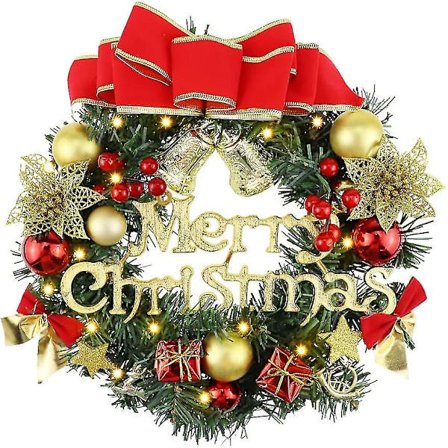 Yplonon Julekrans Til Fordøren 30cm Julekrans Med Lys Dørkrans Dekorationer Med Kugler Sløjfe Kunstig Fyrretræ Krans Til I