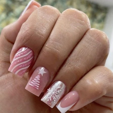 24 stk. lyserøde falske jule negle, tryk på negle til fest snefnug design